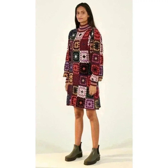Farm Rio Mosaic Patchwork Crochet Sweater Dress Small Wool Blend Granny Square - Picture 1 of 7